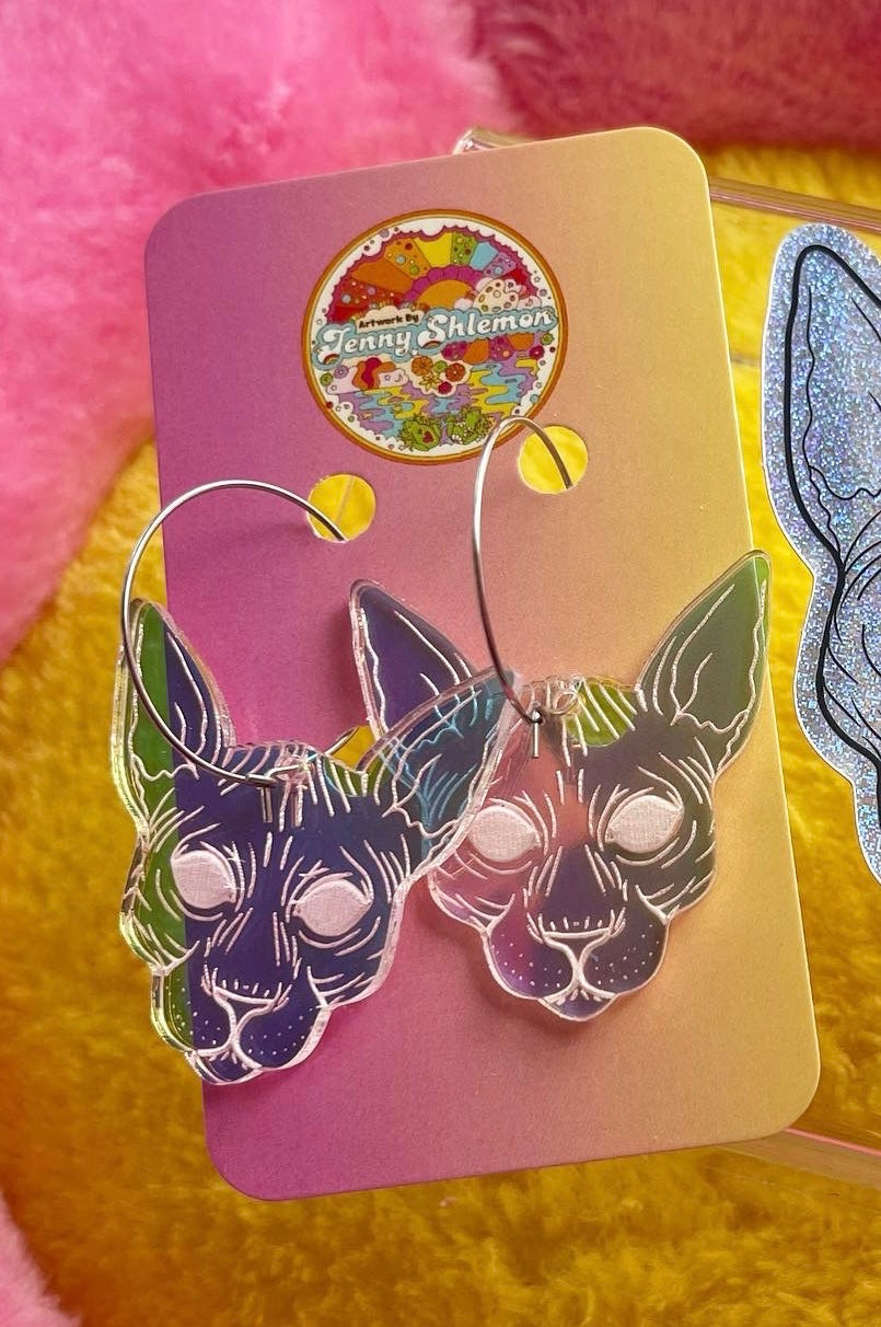 Iridescent Sphynx Cat Earrings: Surgical Steel