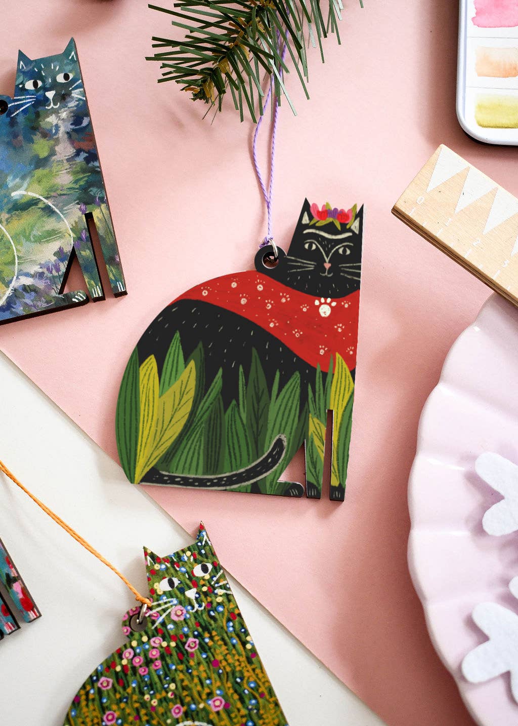 Frida Catlo Wooden Cat hanging Decoration
