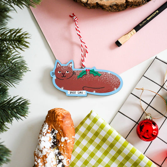 Cat Bakery- Wooden Yule Log Cat Ornament