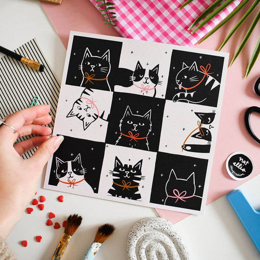Check Cats  –Square Heavyweight Art Print (21cmx 21cm)