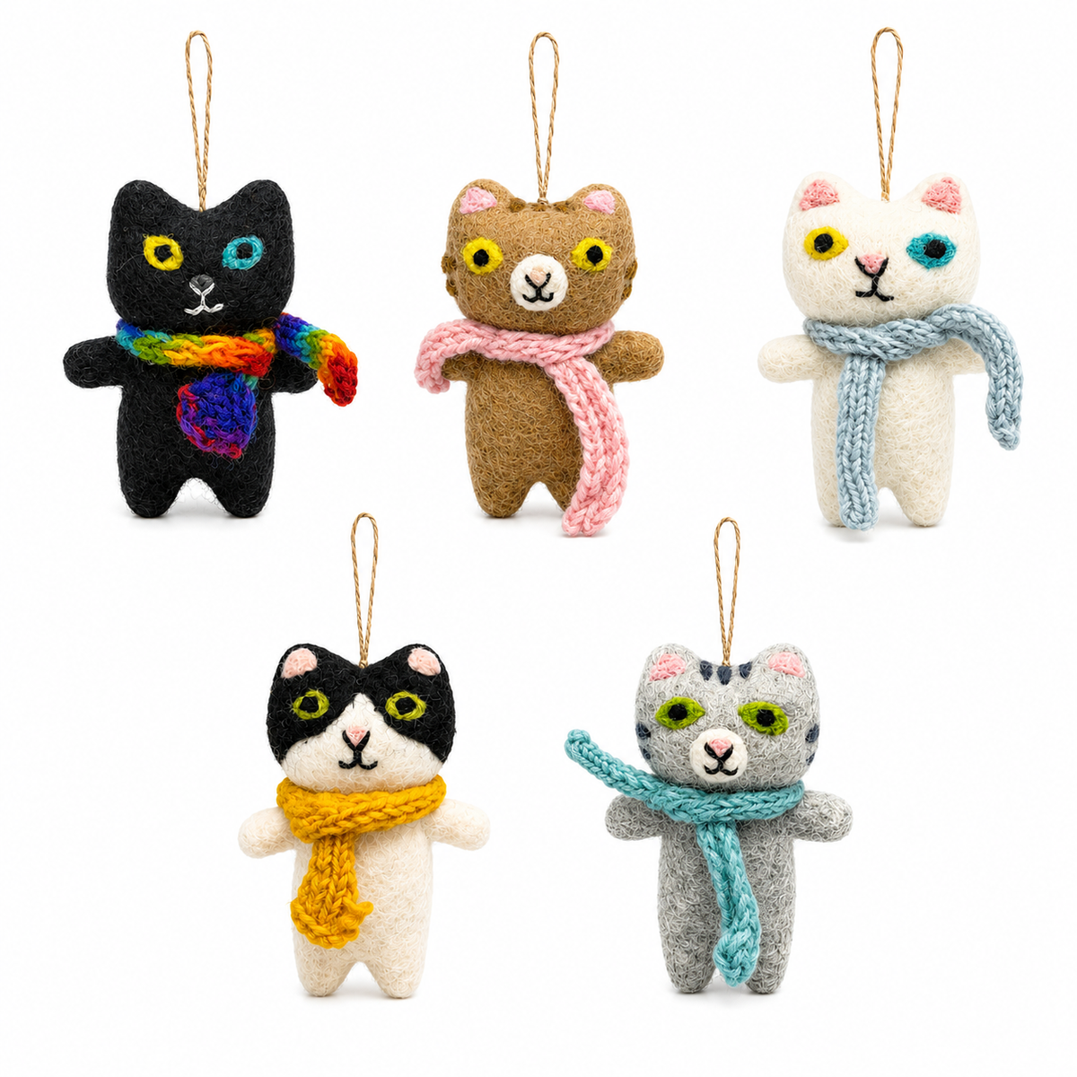 Felt Cat Ornament with Knitted Scarf: Black