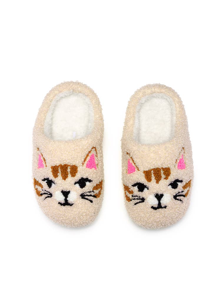 Indoor / Outdoor Slippers - Kids - Kitty Cat Faces - Cream: BIG KIDS 1-3