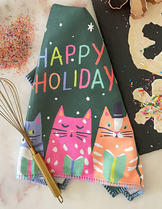 Kitty Carols Christmas Cotton Tea Towel with Embroidered Detail