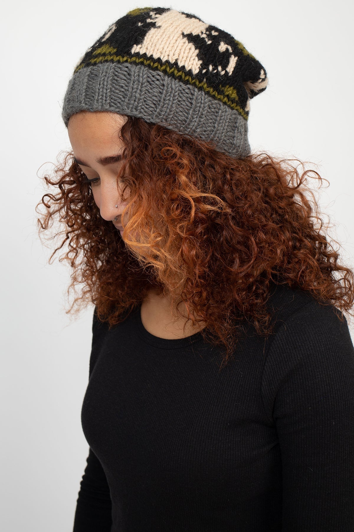 Slouchy Cat Love Pure Wool Hand-Knit Unisex Beanie Hat: Navy