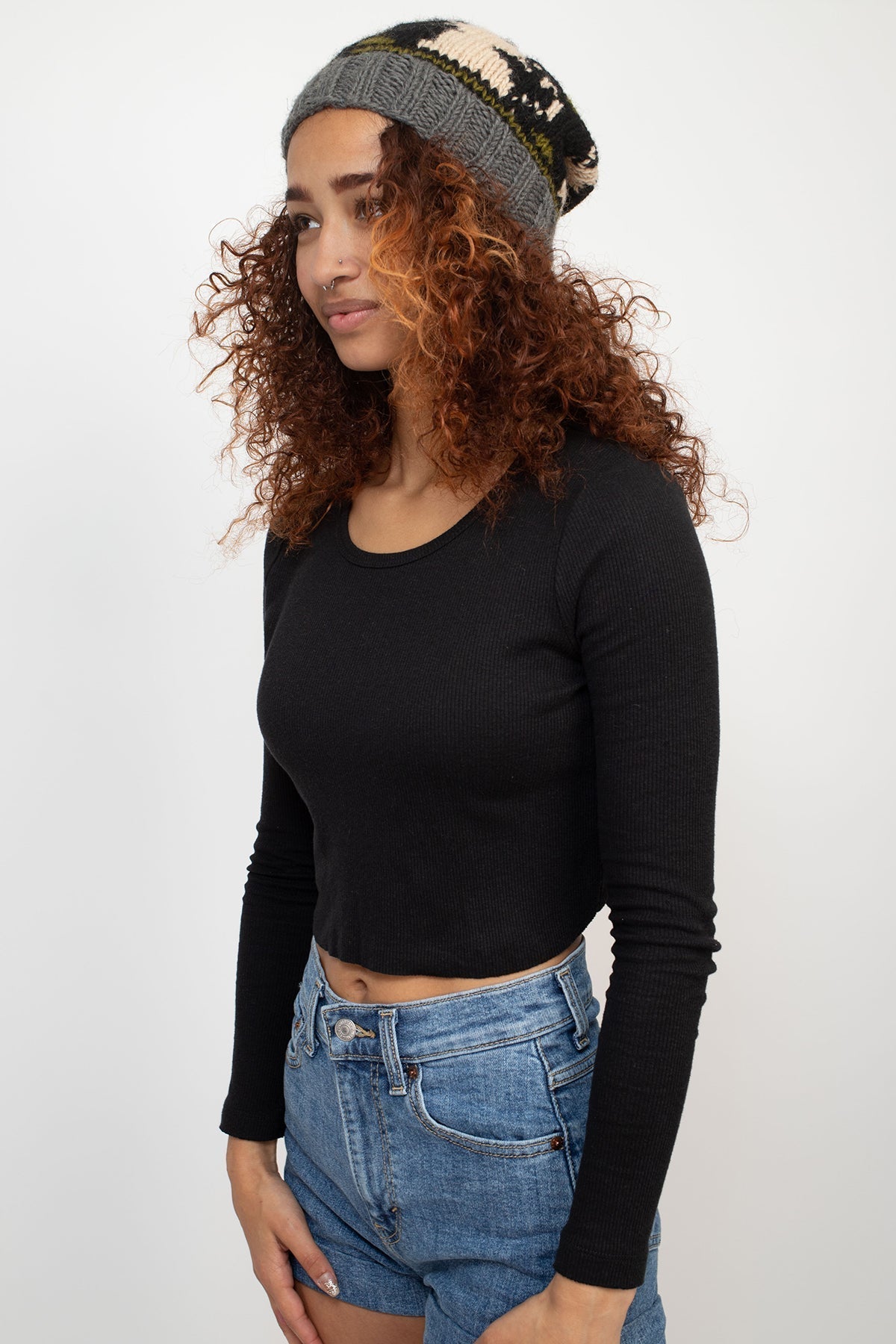 Slouchy Cat Love Pure Wool Hand-Knit Unisex Beanie Hat: Navy