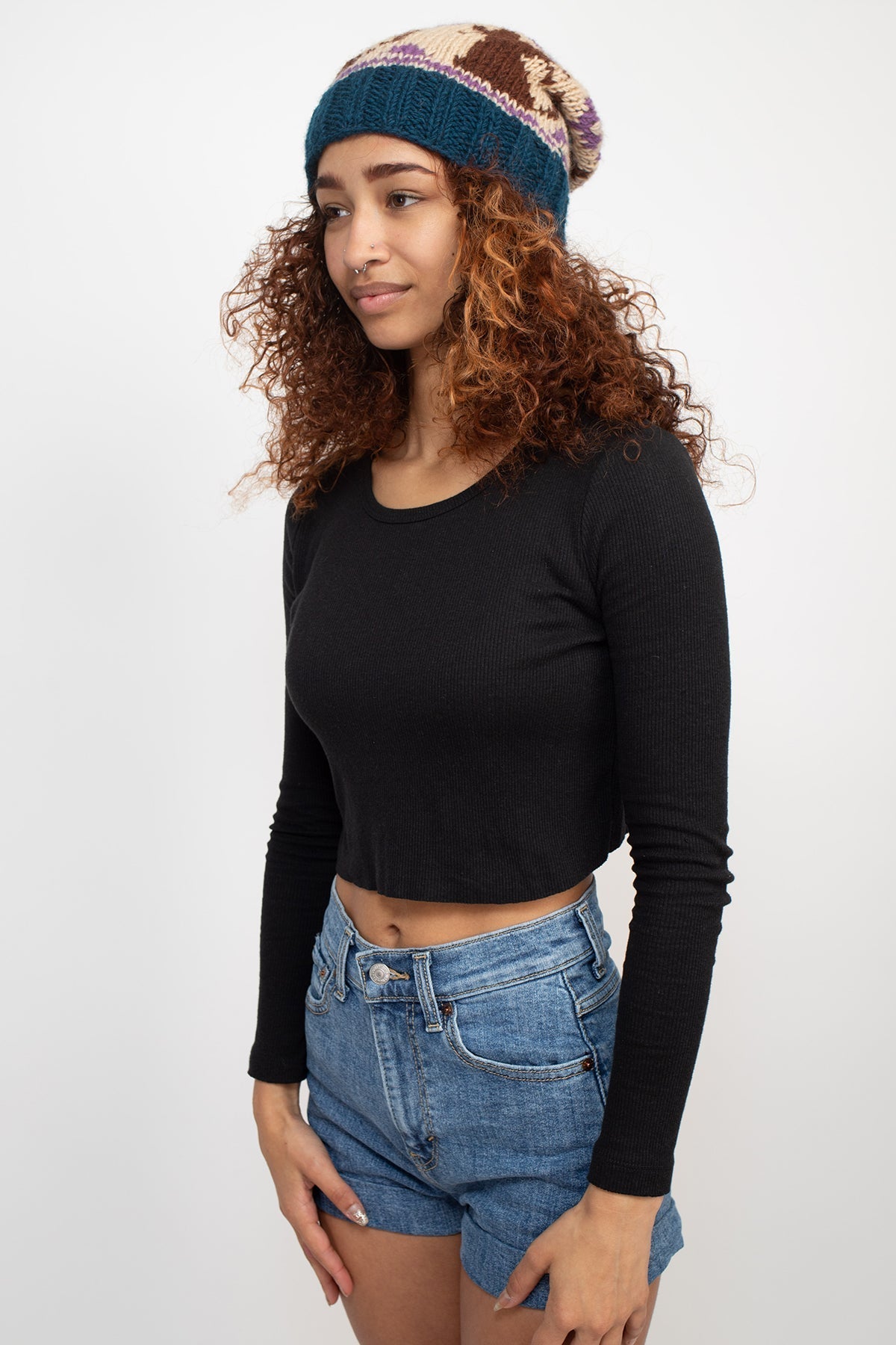 Slouchy Cat Love Pure Wool Hand-Knit Unisex Beanie Hat: Navy