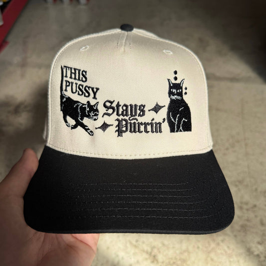 ‘Pussy Stays Purrin’ Hat: Cream Trucker
