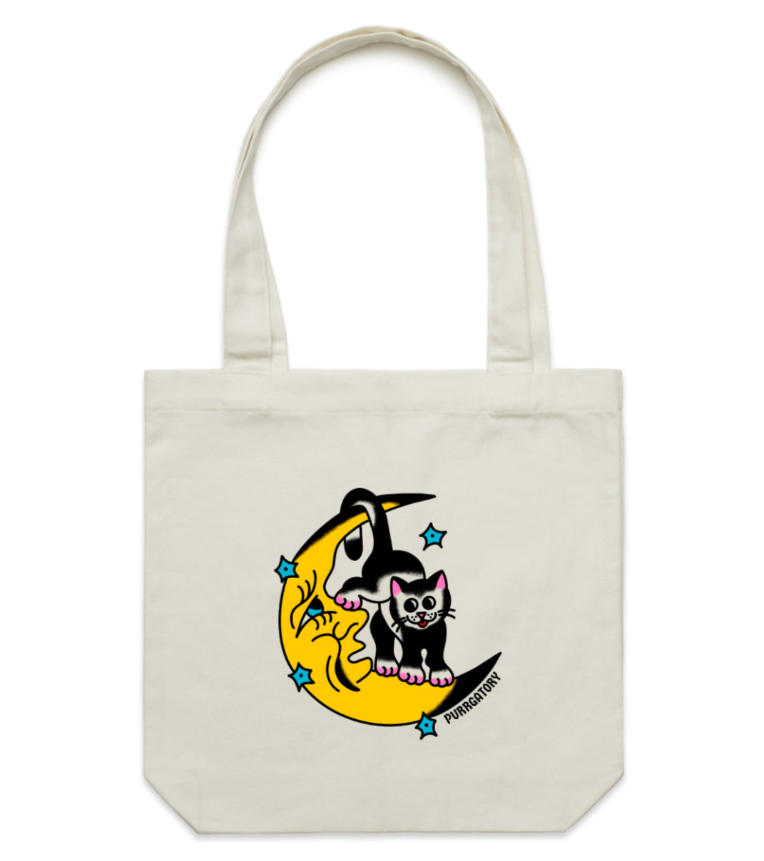 Cat on Moon Purrgatory Tote Bag