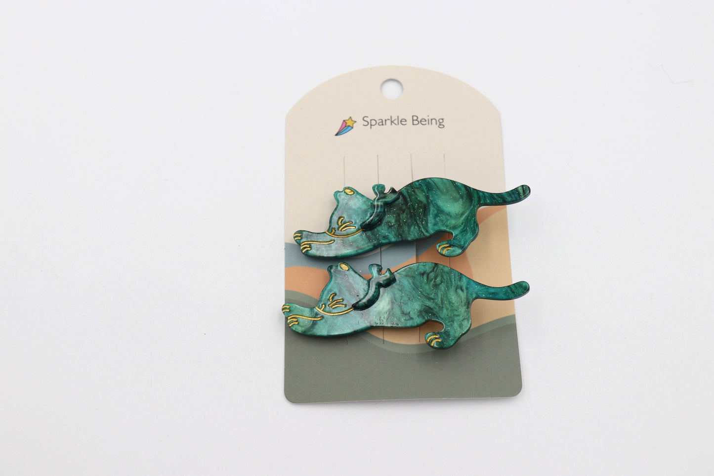 Stretching Cat Acetate Hair Clips Set of 2: Green