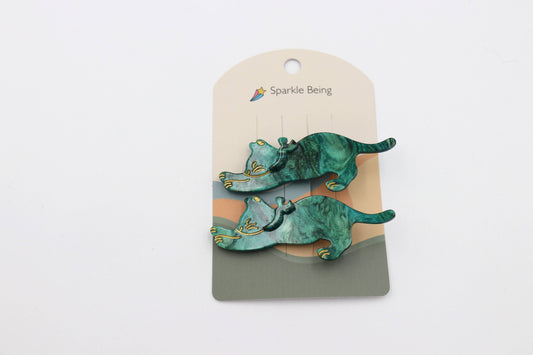 Stretching Cat Acetate Hair Clips Set of 2: Green