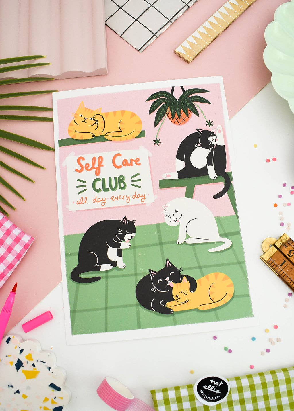 Self Care Club – Cat Illustration - A4 Art Print