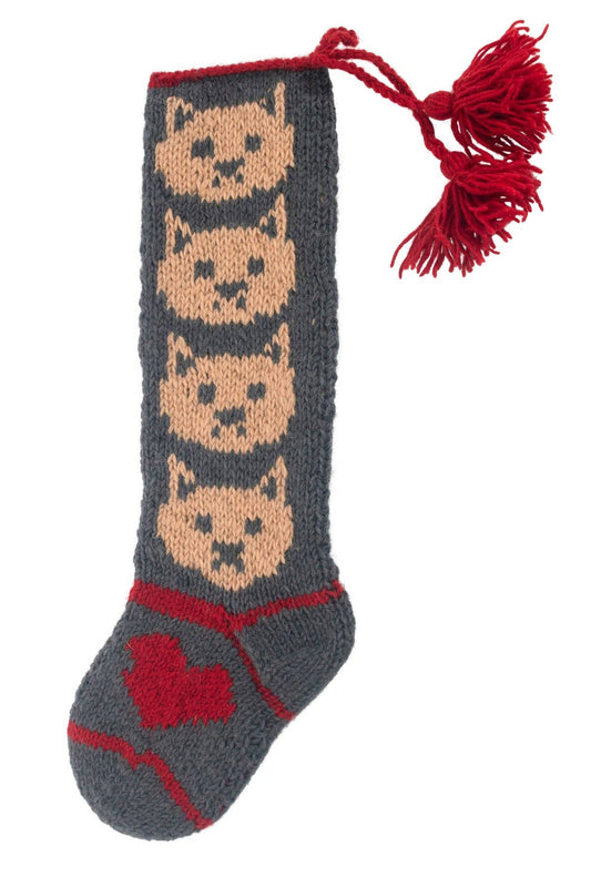 Kitty Hand Knit Wool Stocking: Red / OS