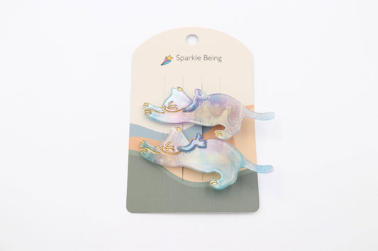 Stretching Cat Acetate Hair Clips Set of 2: Blue