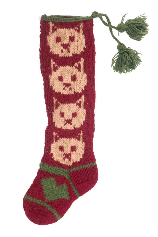 Kitty Hand Knit Wool Stocking: Green / OS