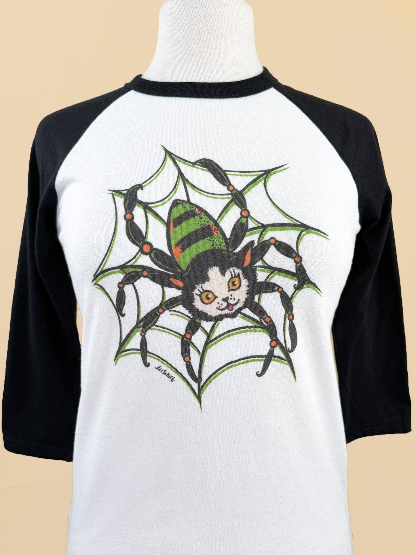 [Unisex] Web Walkin' Kitty Raglan Tee in white/Black