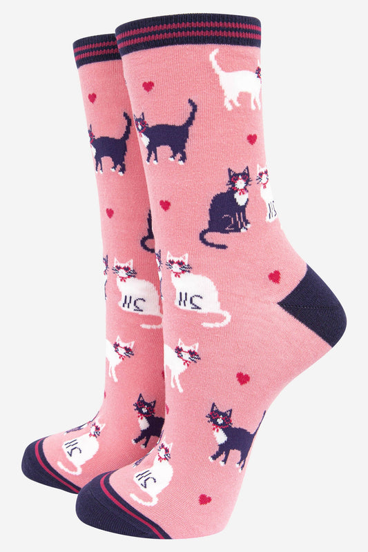 Women's Cats in Love Pink Bamboo Socks US Size 5-9