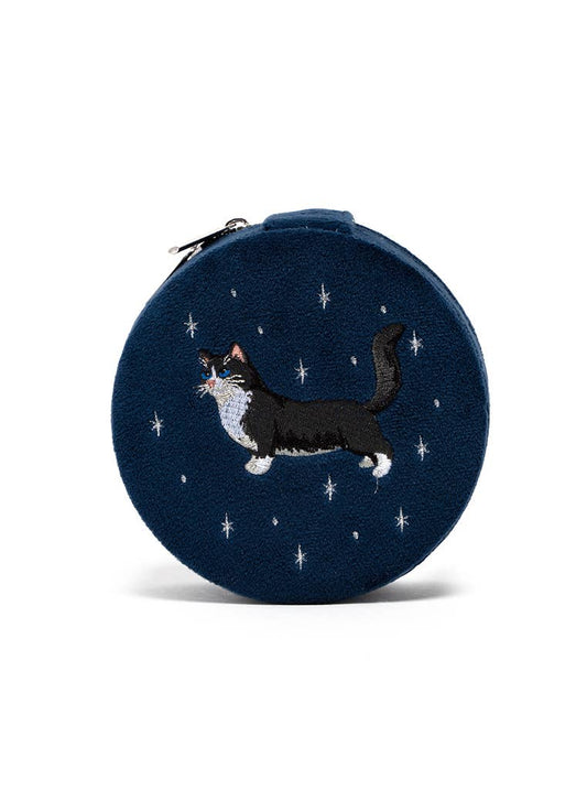 Velvet Jewelry Zip Case / Organizer - Cat - Navy Blue