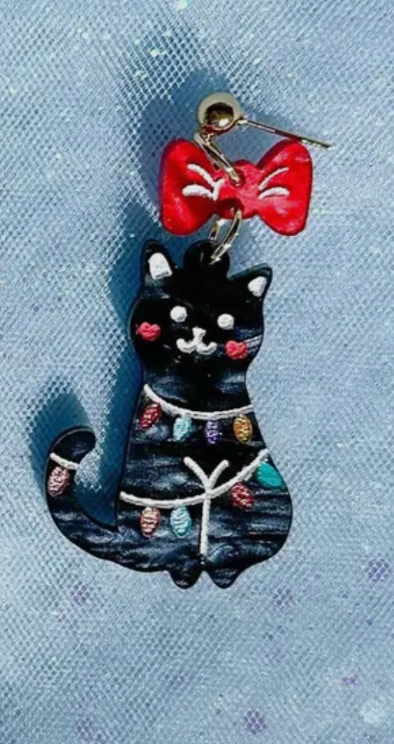 Holiday Cat Friends Earrings: Black Xmas Light Cat