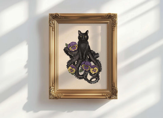 ZoOcean: [Black Catopus & Pansies] Art Print 5inx7in