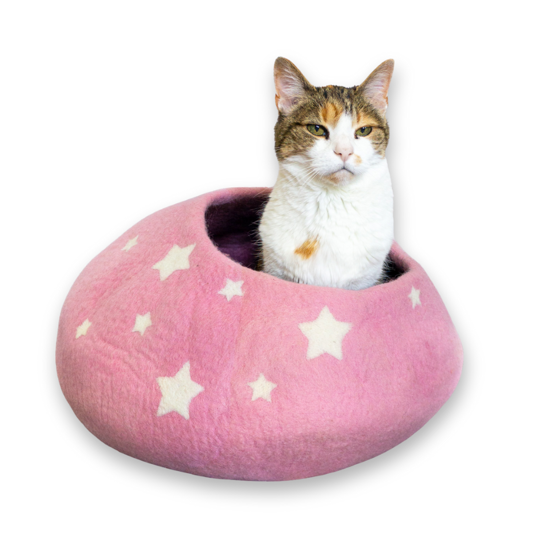 Felt Wool Cat Cave - ROSE PINK Midnight Stars Eco Kitty Cave: With Bag