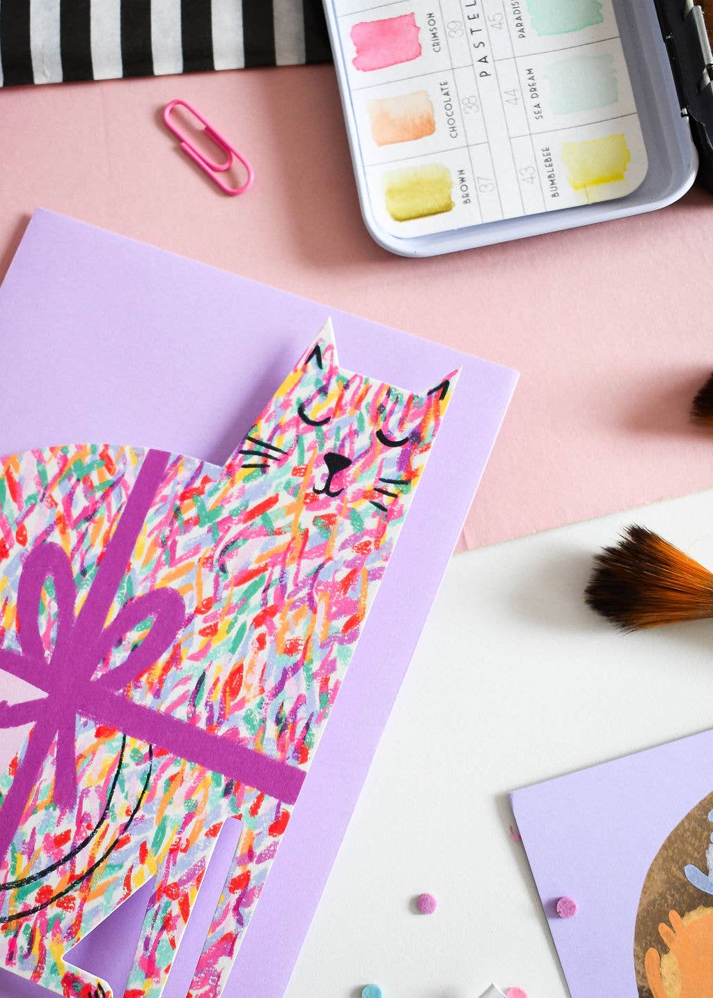 Cat Birthday Die Cut Card-BLANK INSIDE