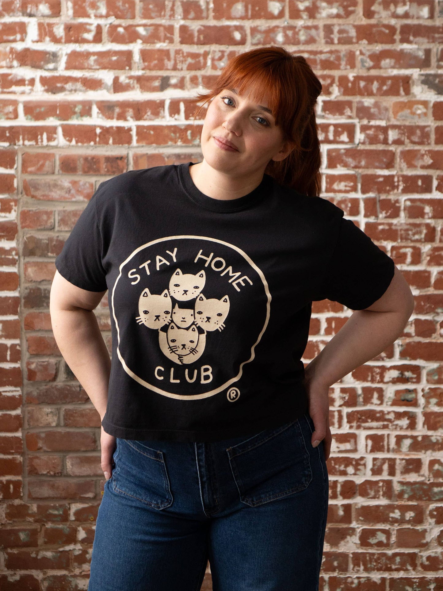 SHC Logo CC Boxy Cropped Tee | Stay Home Club Cats T-Shirt: Black