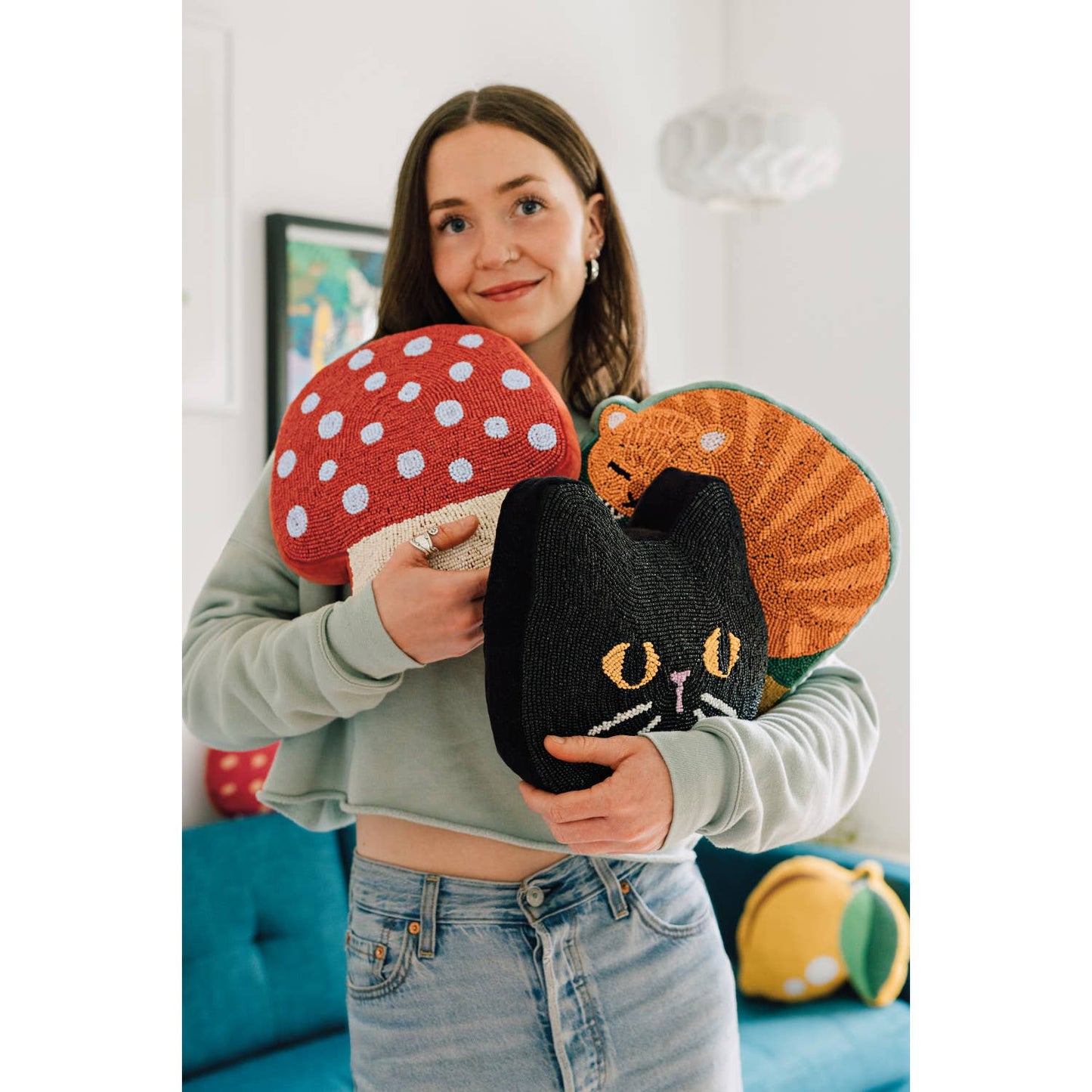 Black Cat Beaded Throw Pillow