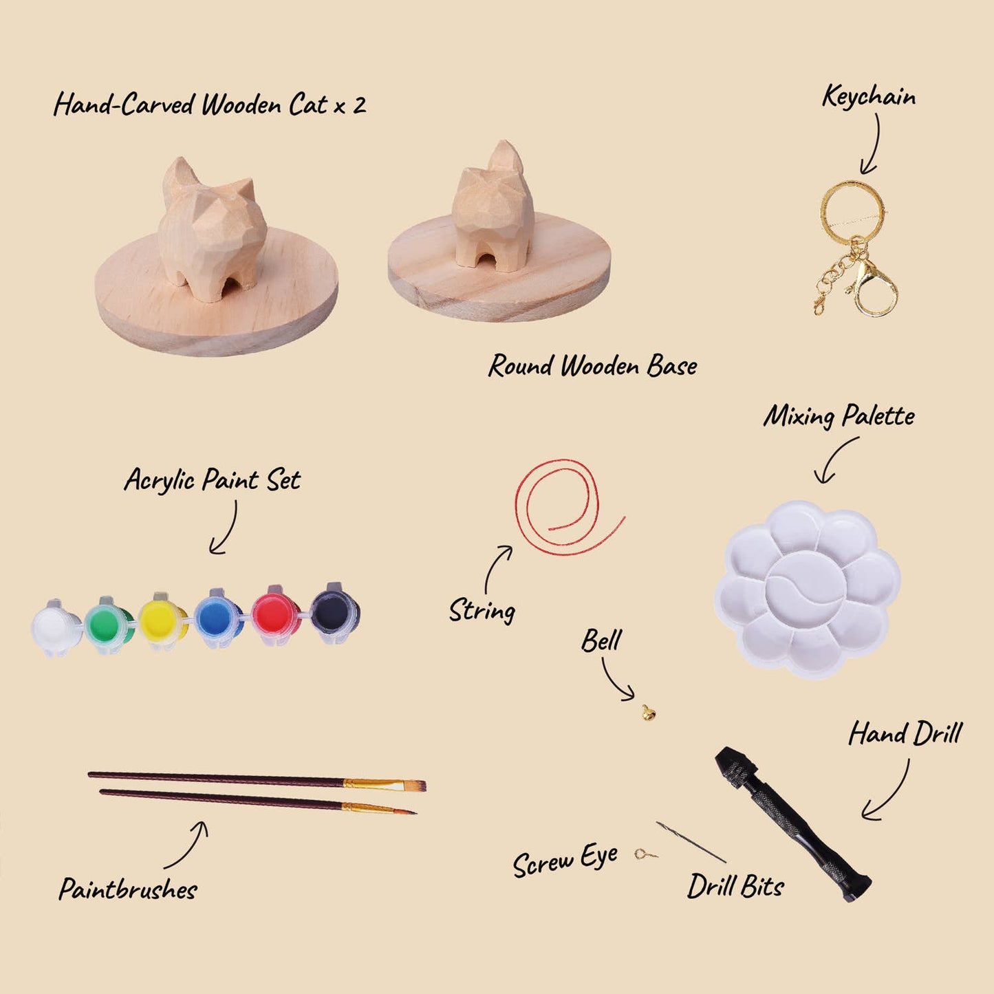 Hand-Carved Cat Painting Kit – Two Cats, Create a Keychain