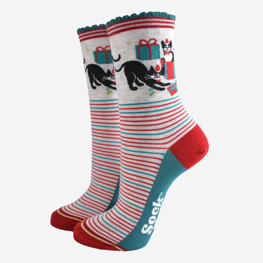 Women's Bamboo Socks Christmas Cats US Size 5-9