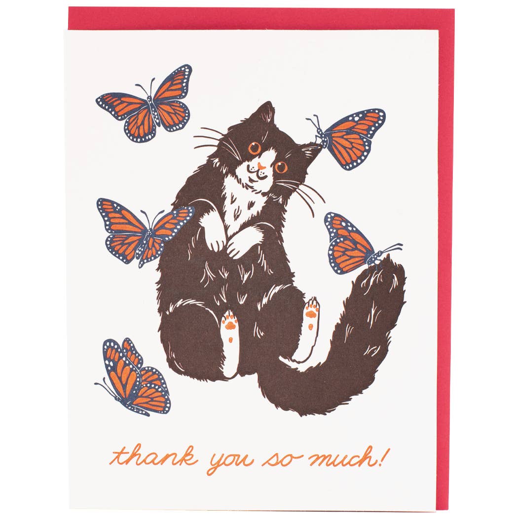 Cat & Butterflies Thank You Card-BLANK INSIDE