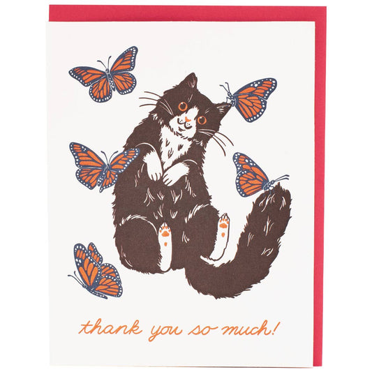 Cat & Butterflies Thank You Card-BLANK INSIDE