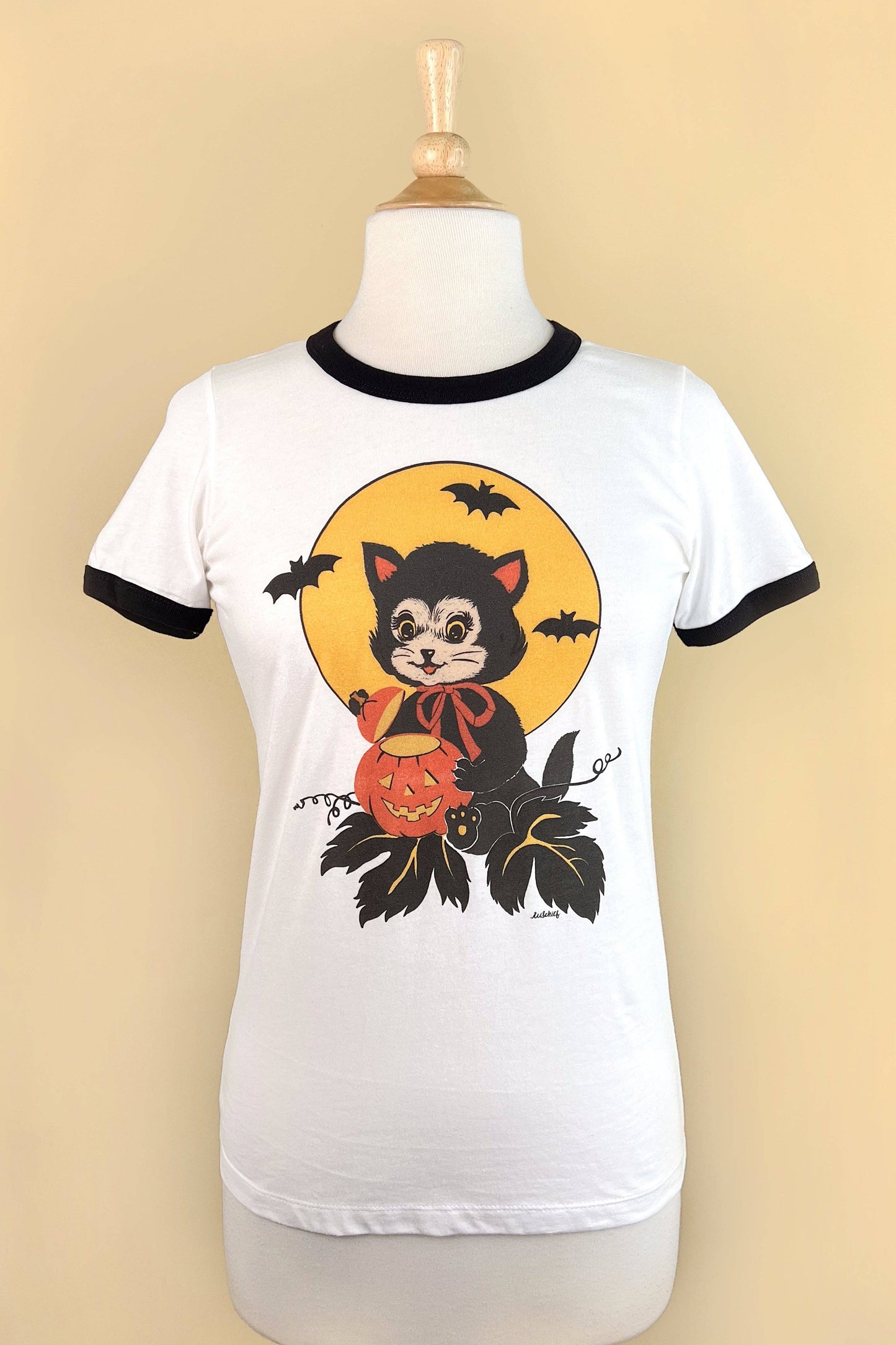 [Unisex]Black Cat Night Ringer Tee in White/Black
