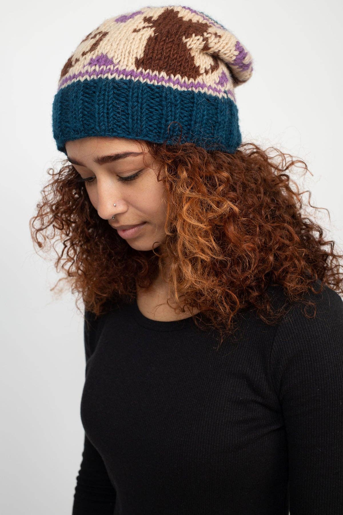 Slouchy Cat Love Pure Wool Hand-Knit Unisex Beanie Hat: Navy