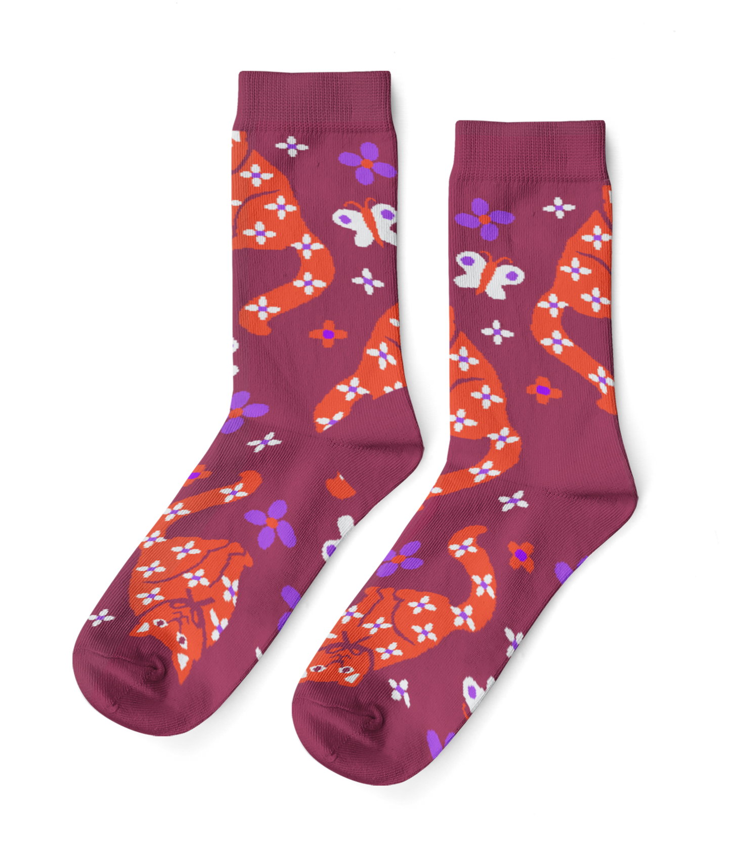 Floral Cat - Small Crew Socks
