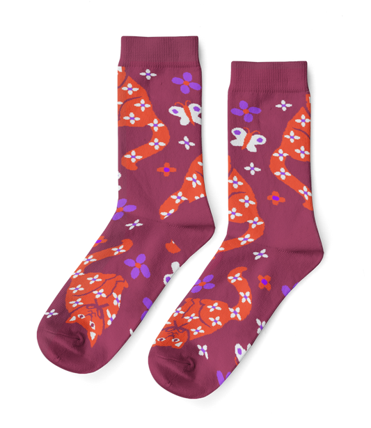 Floral Cat - Small Crew Socks