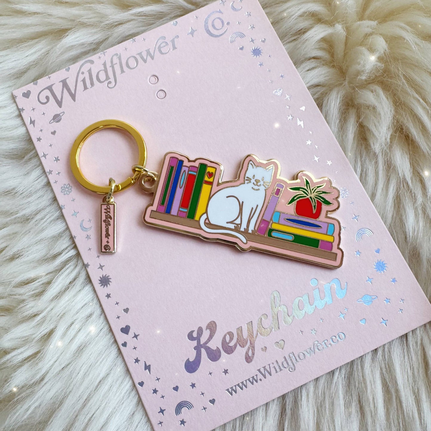 Cat Bookshelf Enamel Keychain: Packaged