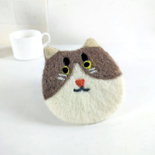 Felt Kitty Cat Coffee Cup Mug Table Mat Coasters - Happy Cats: Light Grey & White