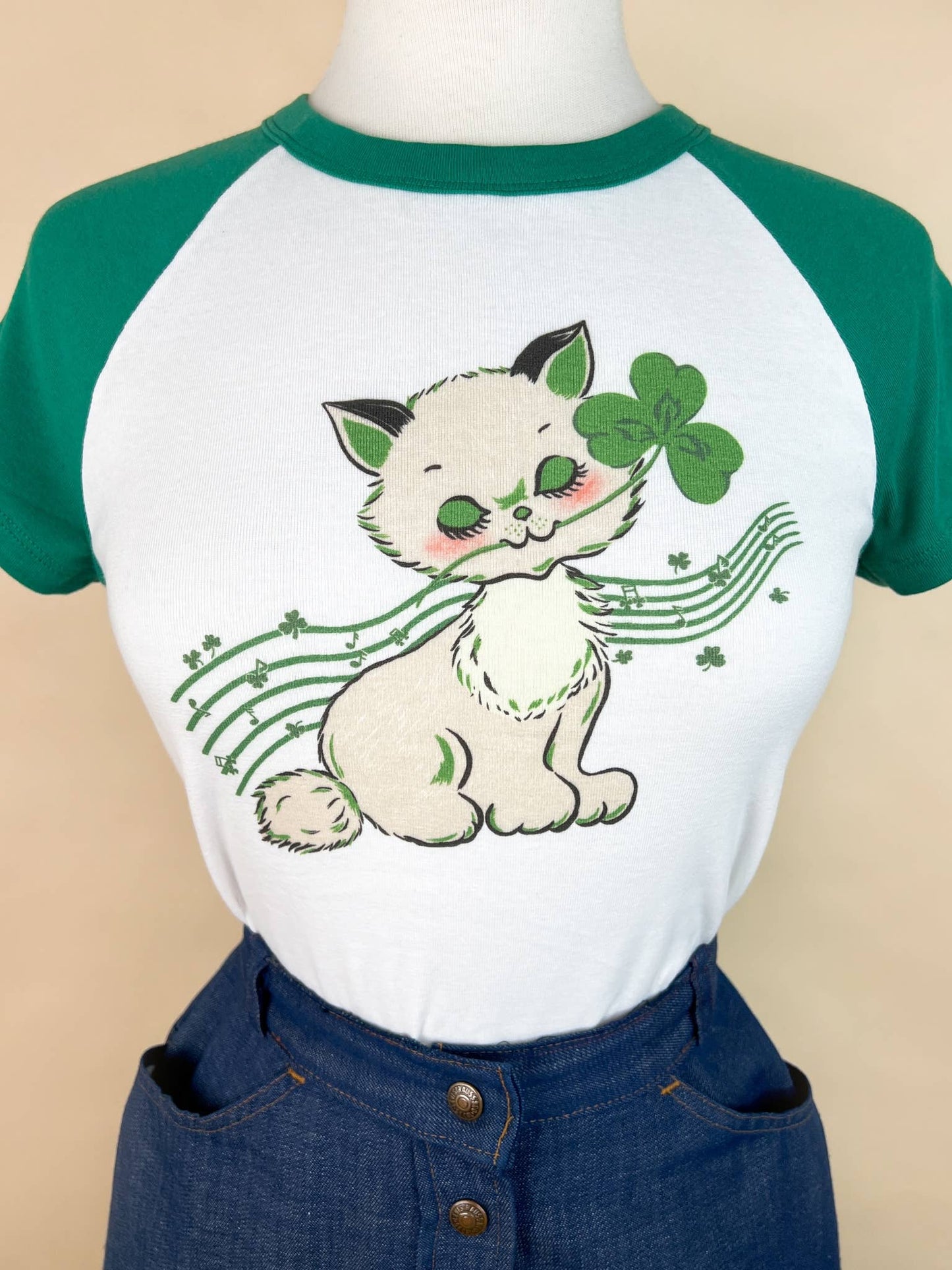 Paws of Luck Short Raglan Cropped Baby tee in White/Green: Unisex