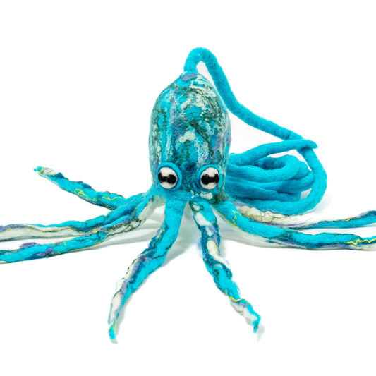 Wool Octopus Cat Toy with 4-Foot Tether - blue, green: Arctic blue