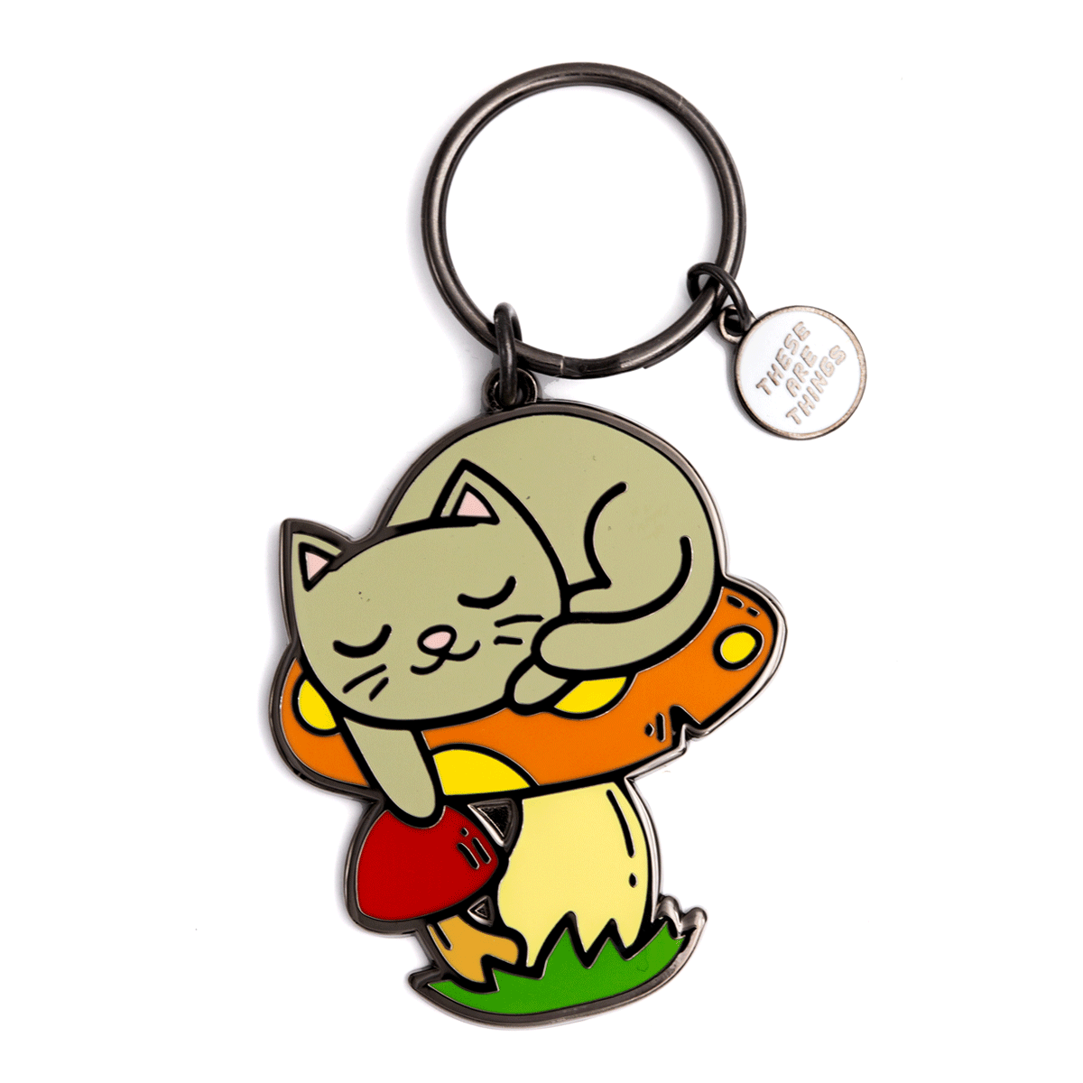 Sleeping Cat Mushroom Enamel Keychain