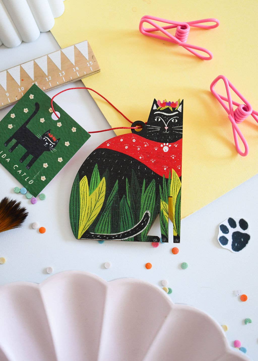 Frida Catlo Wooden Cat hanging Decoration