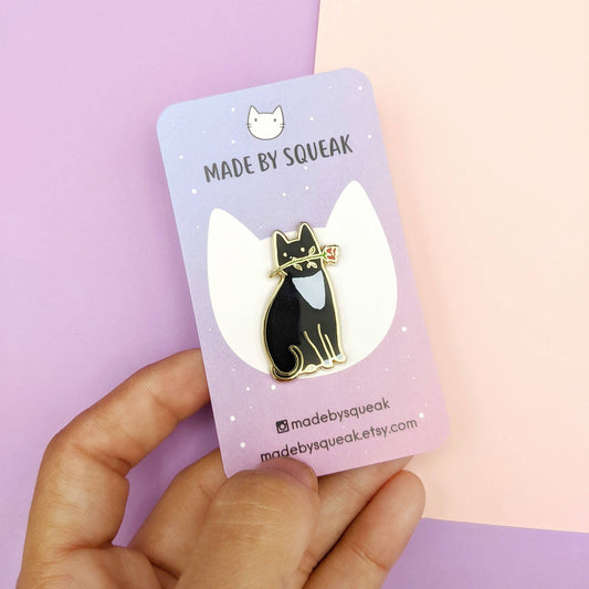 Tuxedo Cat with Rose Enamel Pin - Black and White Cat