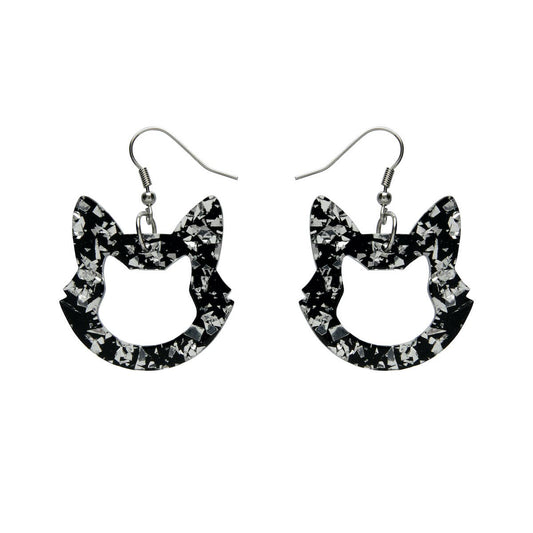 Cat Head Chunky Silver Glitter Resin Earrings